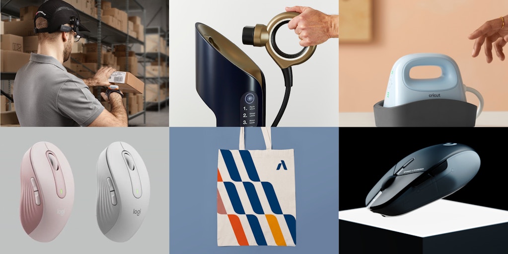 6 different images combining mouses and a bag
